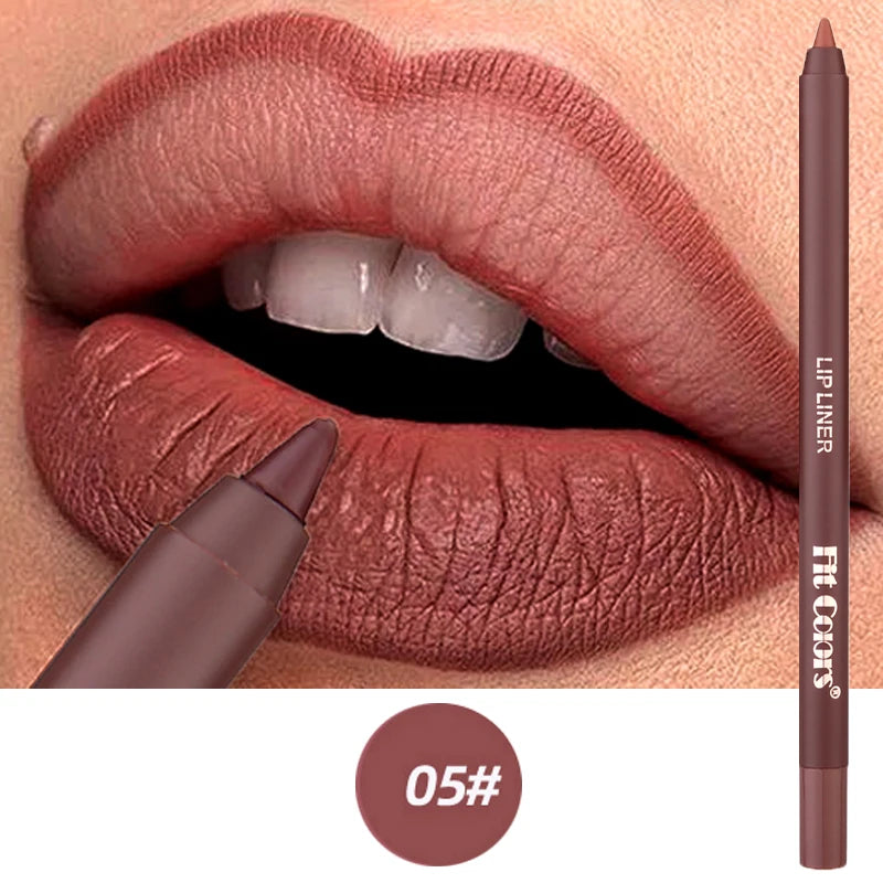 A brown lip liner pencil is shown next to a pair of lips, demonstrating the product's color and application.