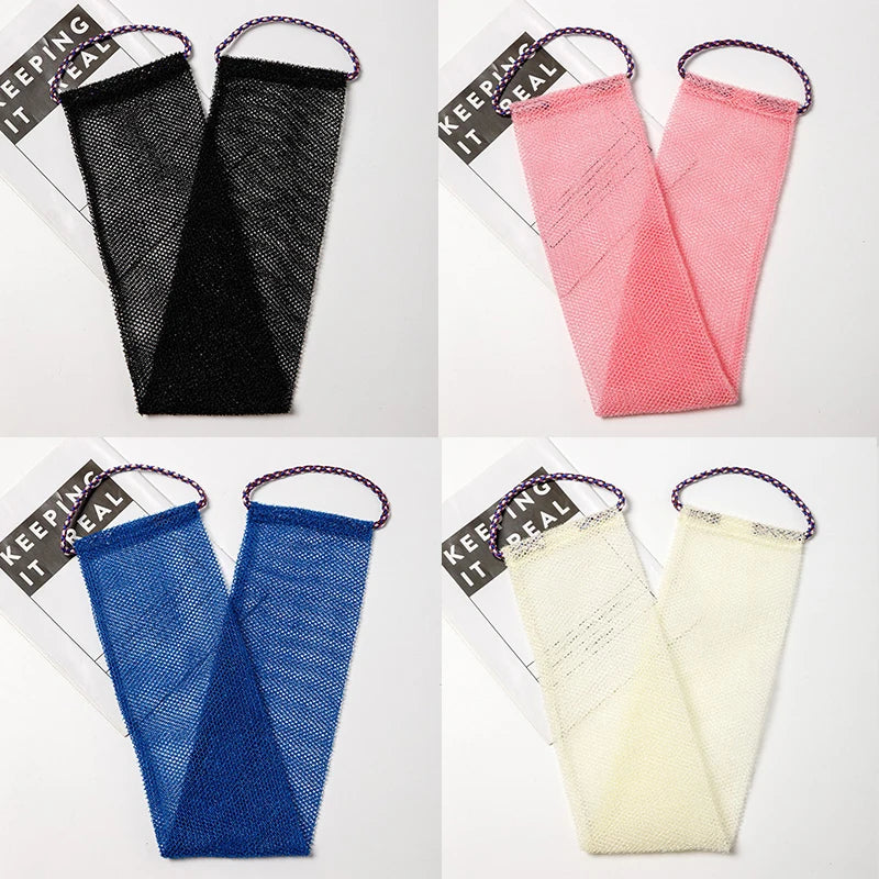 Three exfoliating body scrub sponges in black, pink, and blue mesh netting displayed against a white background.