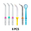 Six replacement tips for water flosser nozzles shown in various clear and colored plastic and metal forms