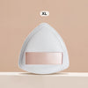 A white triangular cosmetic foundation puff brush with a rose gold accent band.