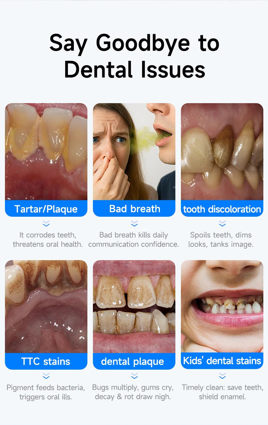 A set of dental cleaning tools for removing tartar, plaque, bad breath, tooth discoloration, and stains from teeth.