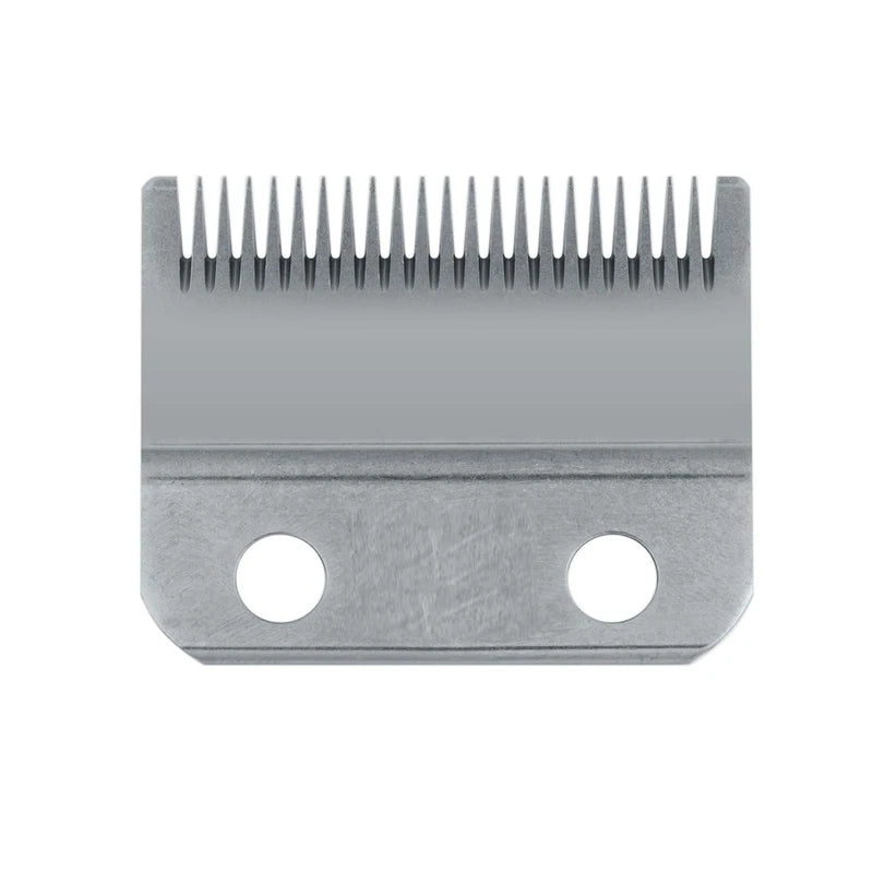 Silver replacement blade for professional hair clippers with a serrated edge and mounting holes