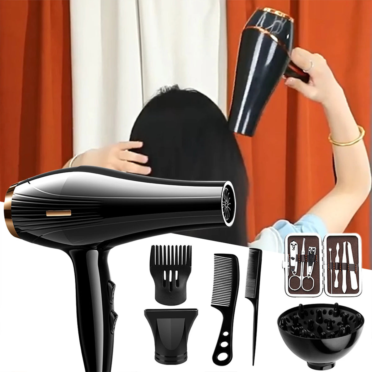 Eine schwarze professionelle Haartrockner und verschiedene Stylingwerkzeuge werden von einer Hand benutzt.