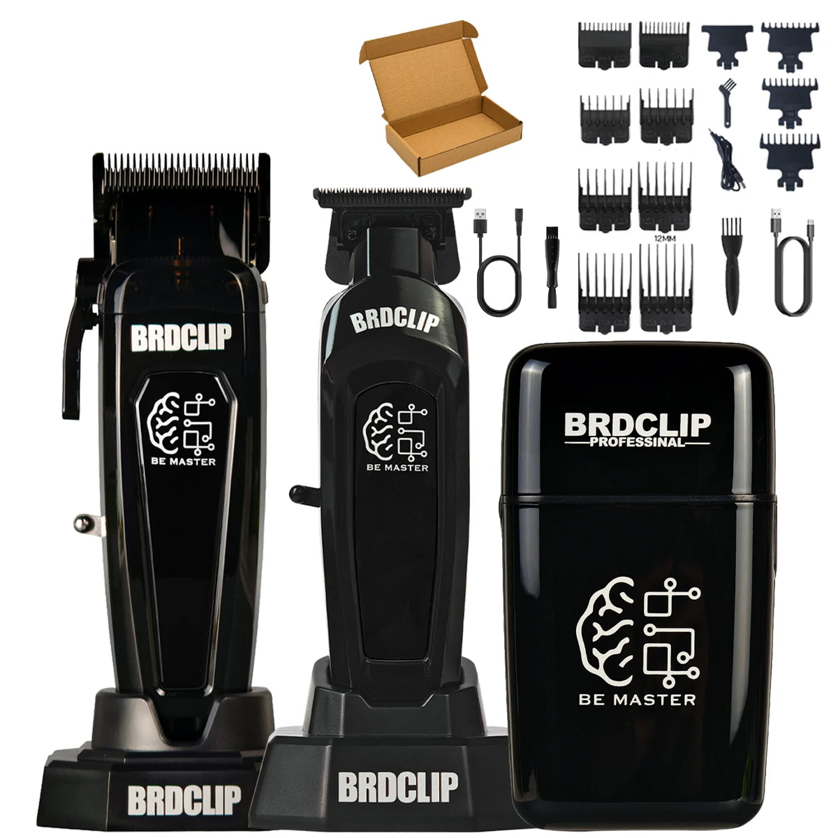 A set of professional electric hair clippers and accessories, including various guards and tools.