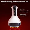 A white red light heat therapy device with a black base and copper cups is shown on a red background.