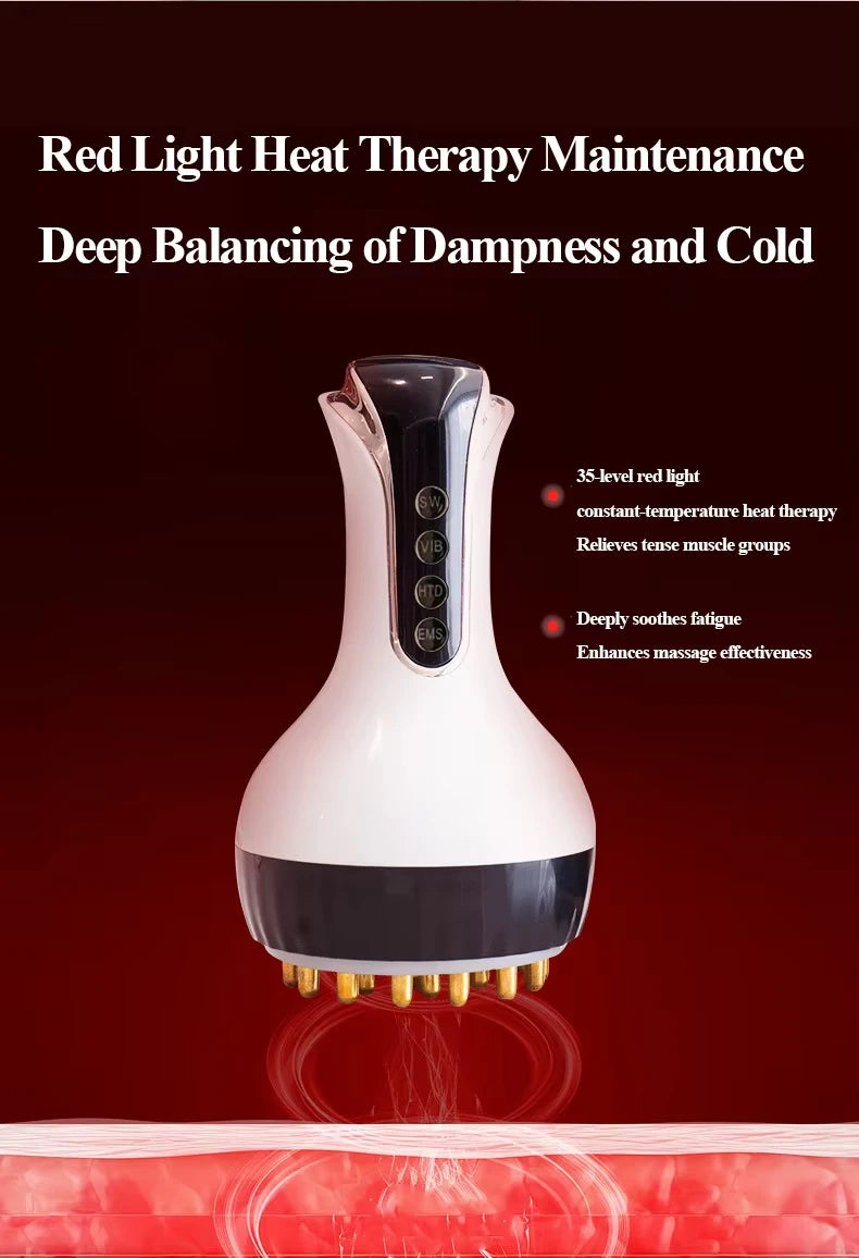 A white red light heat therapy device with a black base and copper cups is shown on a red background.