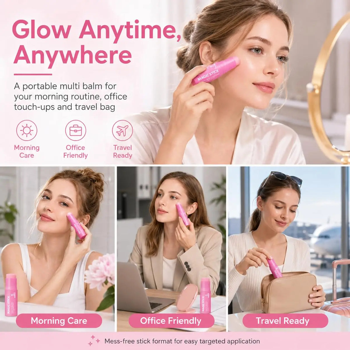 A woman applies a pink balm stick for morning care, office use, and travel convenience.