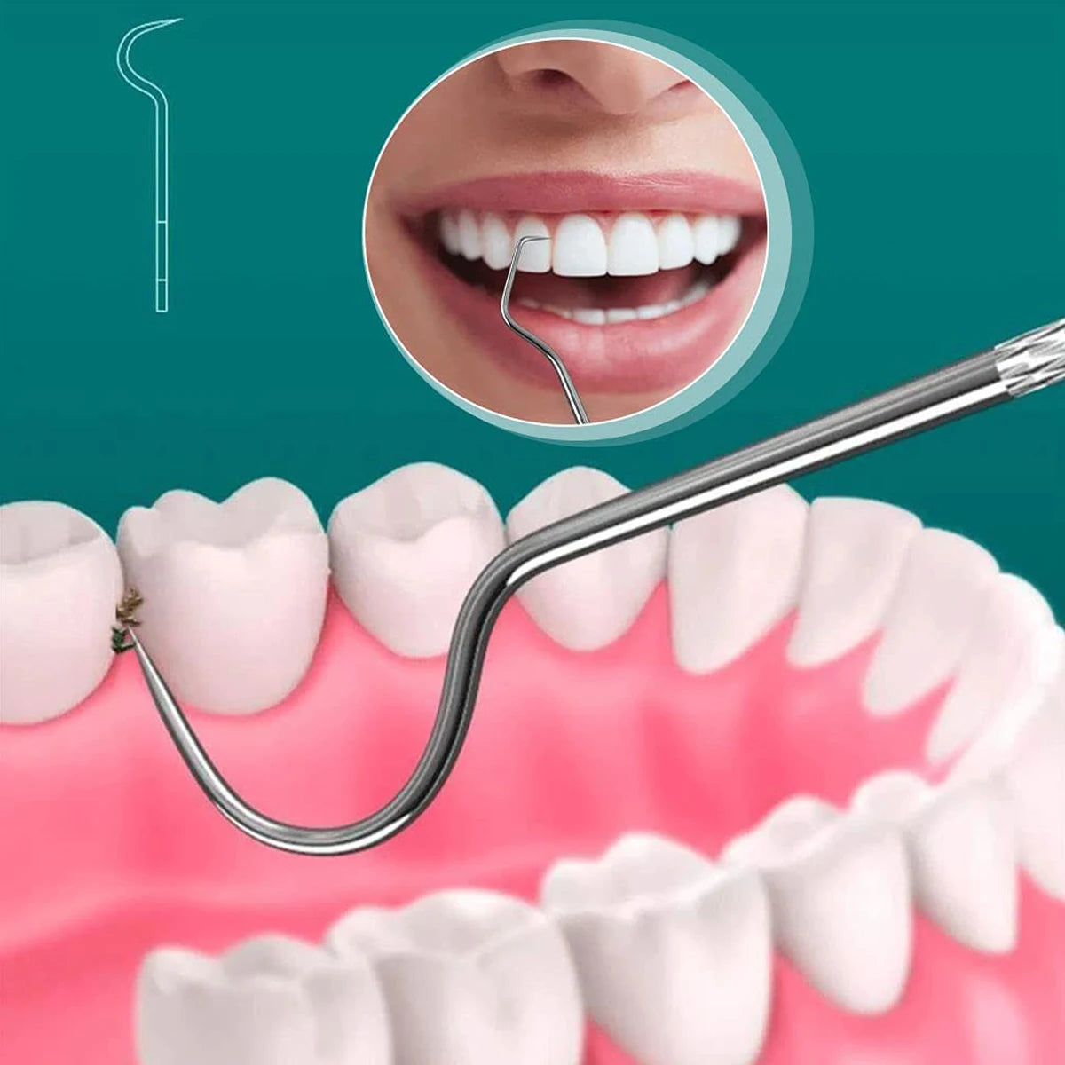 A reusable metal toothpick is shown cleaning teeth, with an inset showing a close-up of a person's smile and teeth.