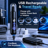 Schwarzer wiederaufladbarer USB-Nase- und Augenbrauenhaartrimmer neben einem Laptop und Powerbank.