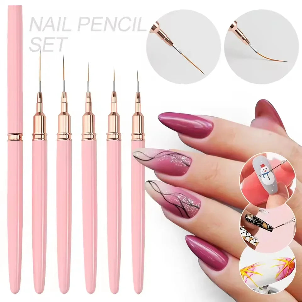 A set of pink and nude nail pencils for professional nail art application shown on a hand.