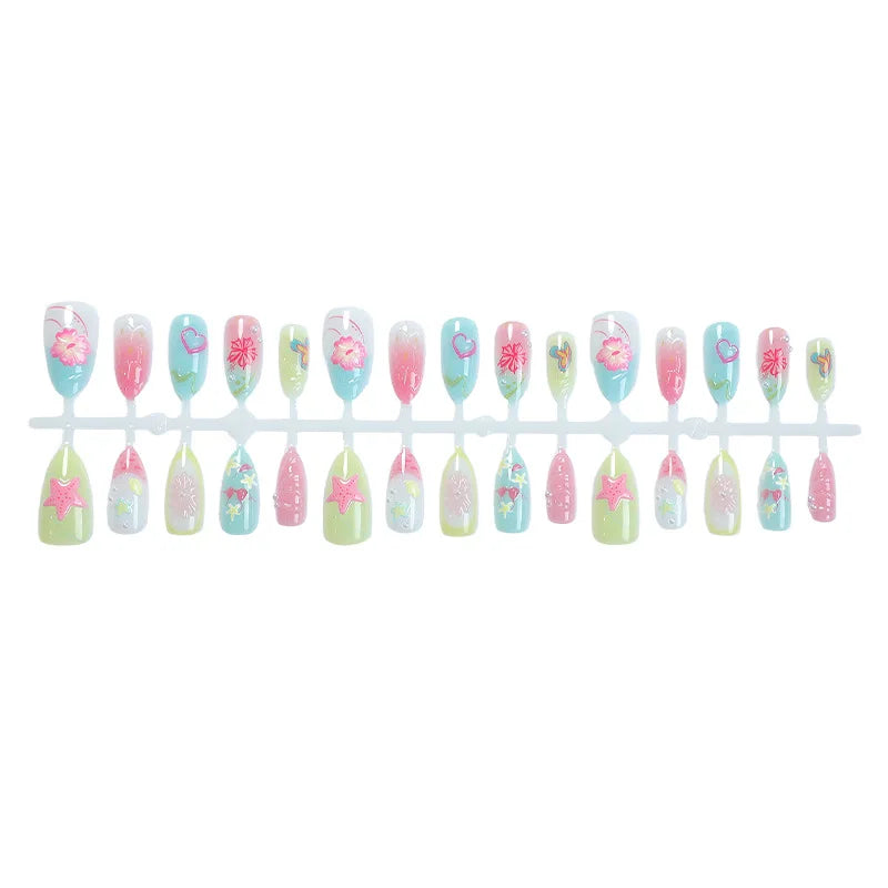 A set of 20 press-on nails shaped like starfish in almond and gradient blue colors.