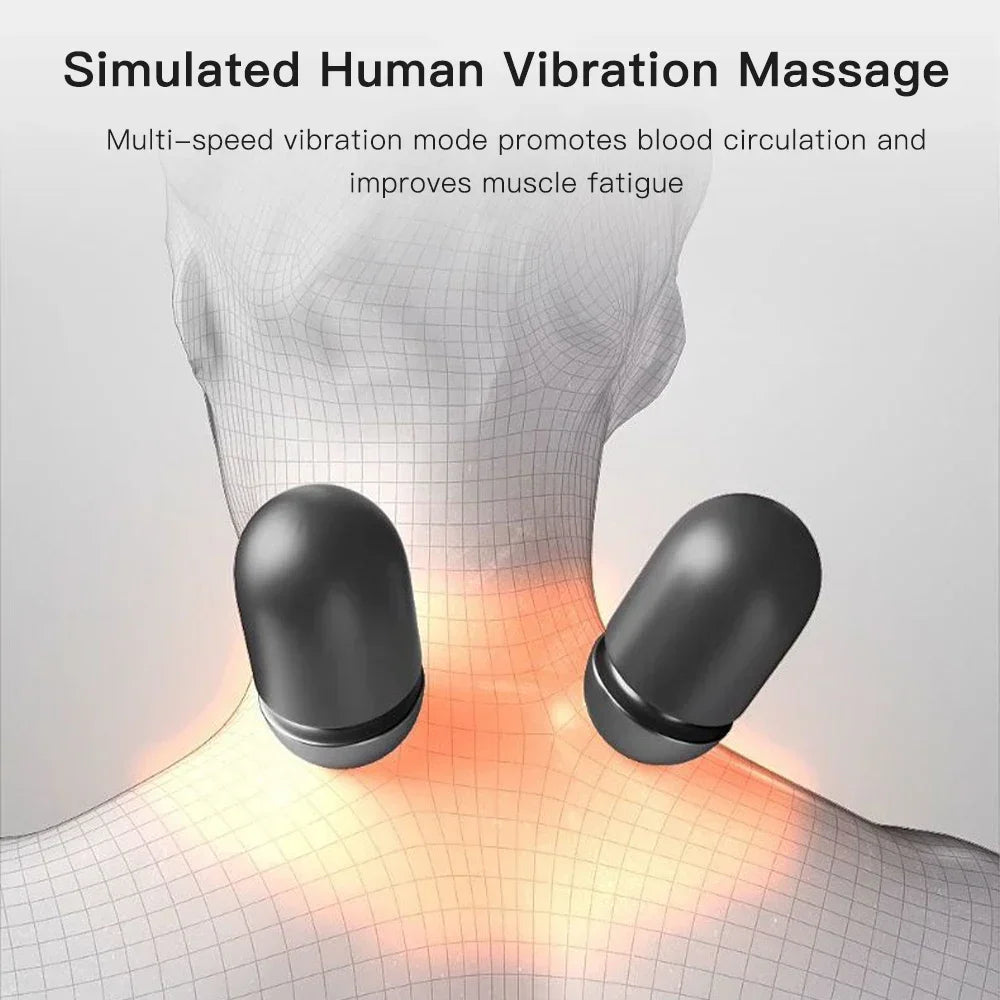 A simulated human vibration massage device is shown placed on the neck area of a model's neck.