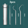 A set of three reusable silver aluminum toothpicks shown vertically and horizontally against a dark green background.