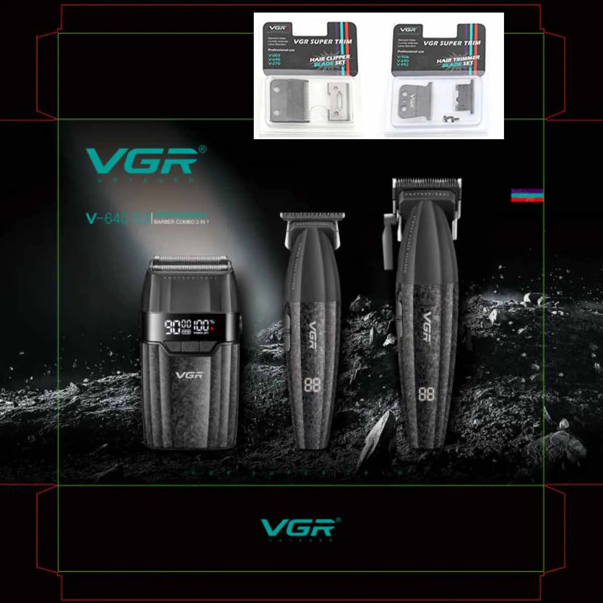 VGR professionelles Haarschneidemaschinen-Set mit verschiedenen Trimmern und Rasierern.