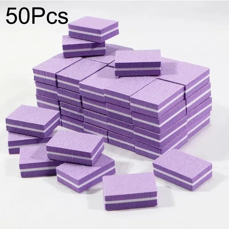 A stack of 50 purple nail and cuticle buffing files, rectangular in shape.