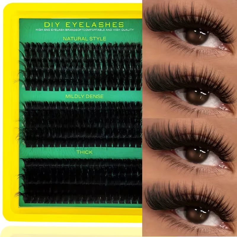 A display of DIY eyelashes featuring natural style options including mildly dense, thick, and thin clusters.