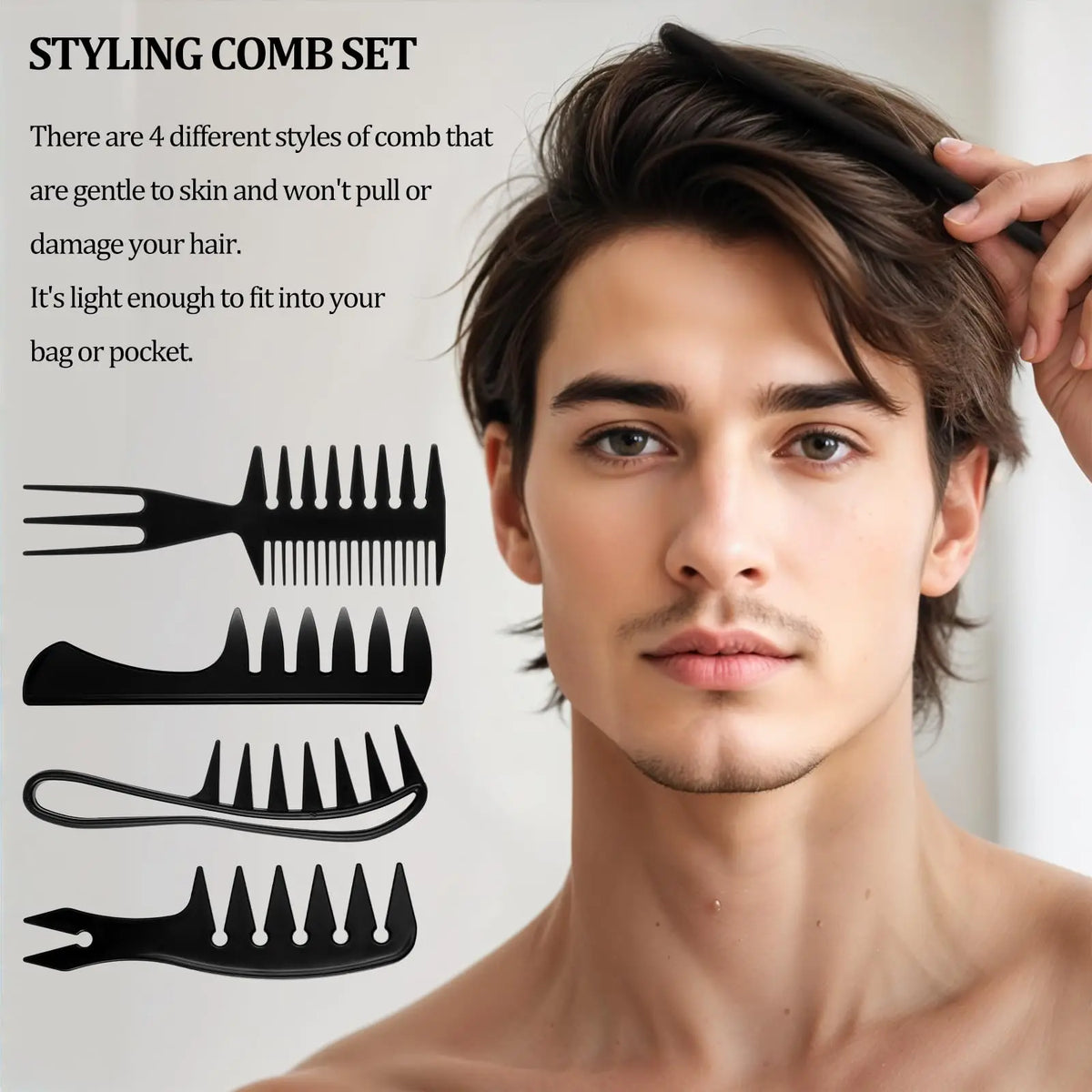 A man is shown holding a black 4-piece wide tooth men's hair styling comb set.
