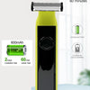 A yellow cordless electric beard shaver with a shaving head, demonstrating 2 hours of battery life for 60 minutes of use.