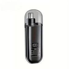 A black precision rechargeable nose hair trimmer with a clear protective cap and digital display.