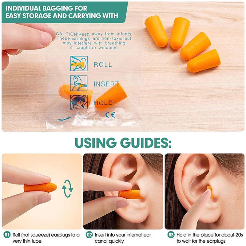 Instructions pour emballer, insérer et maintenir les bouchons d'oreille en mousse souple pour un stockage et un transport fac