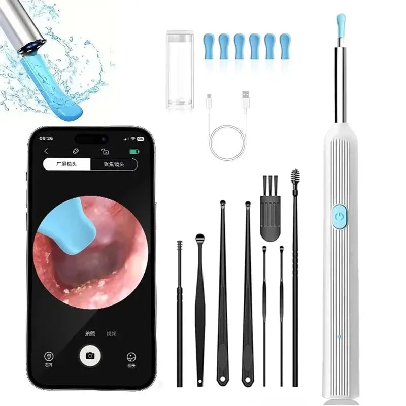 HD ear wax removal kit featuring a camera and various tools for cleaning the ear canal.