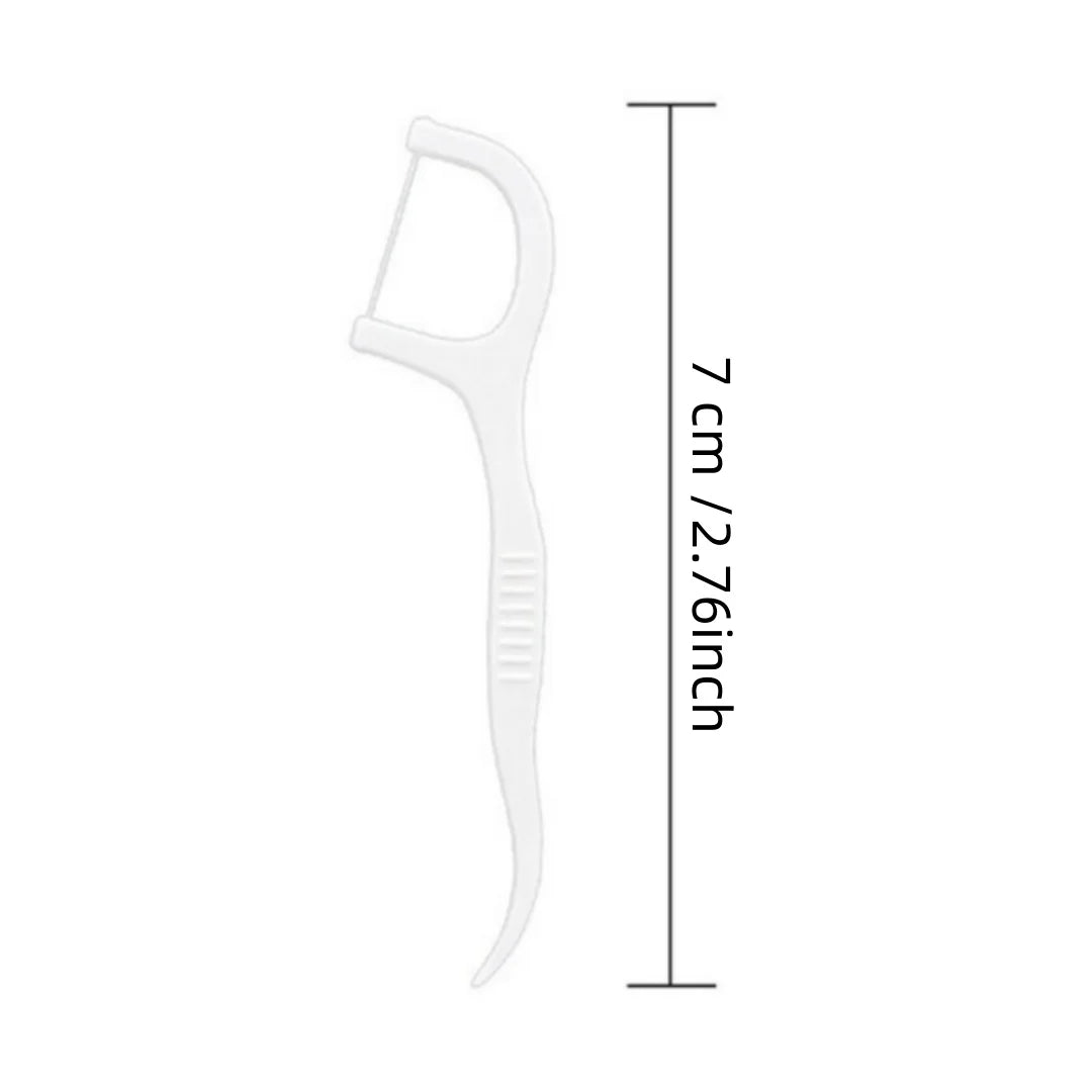 A white reusable dental floss pick with a handle and floss, shown next to a measurement scale.