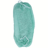 A light mint green exfoliating net bath sponge with white ties.