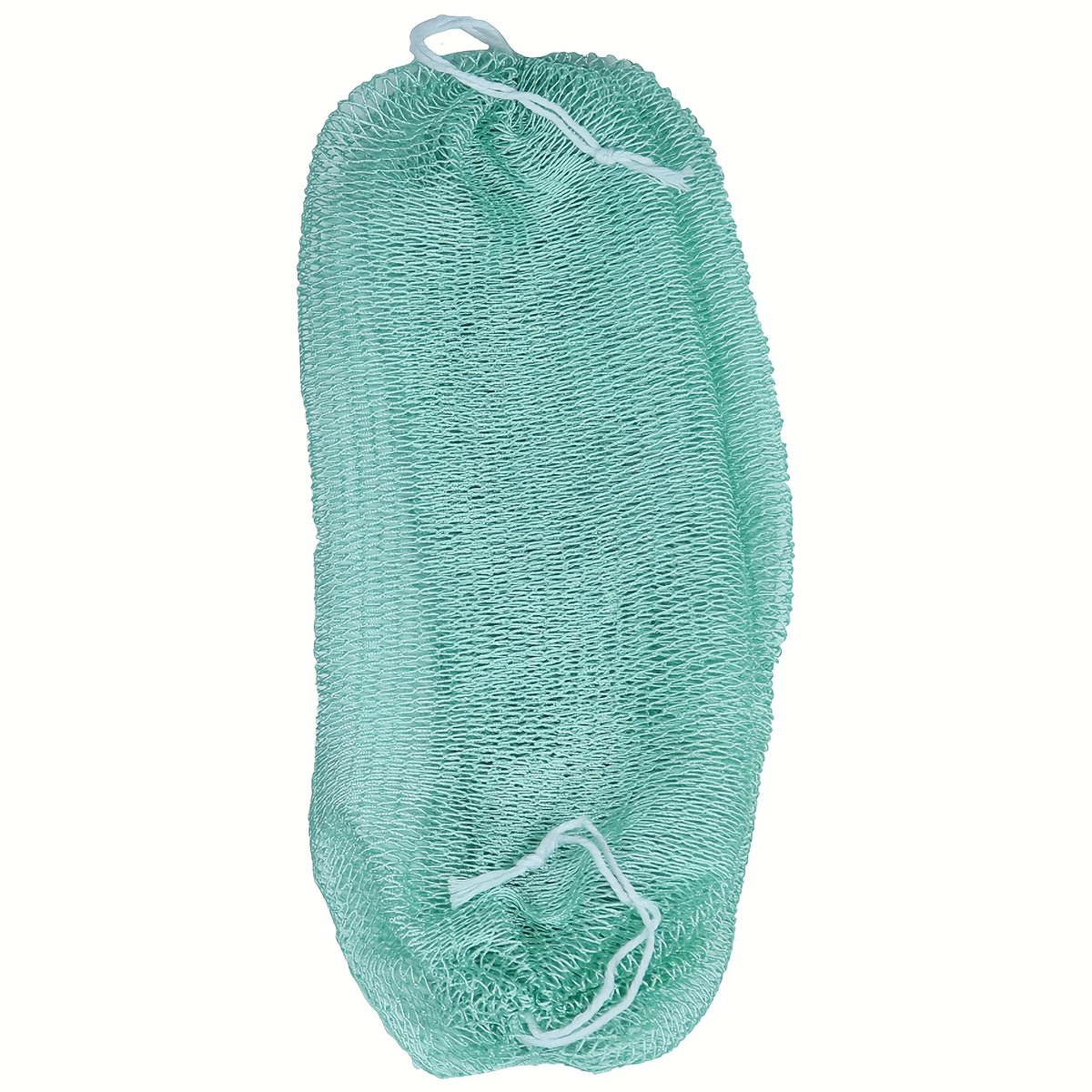 A light mint green exfoliating net bath sponge with white ties.