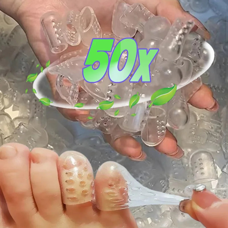 A hand holds silicone toe covers, demonstrating a 50x magnification for foot protection.