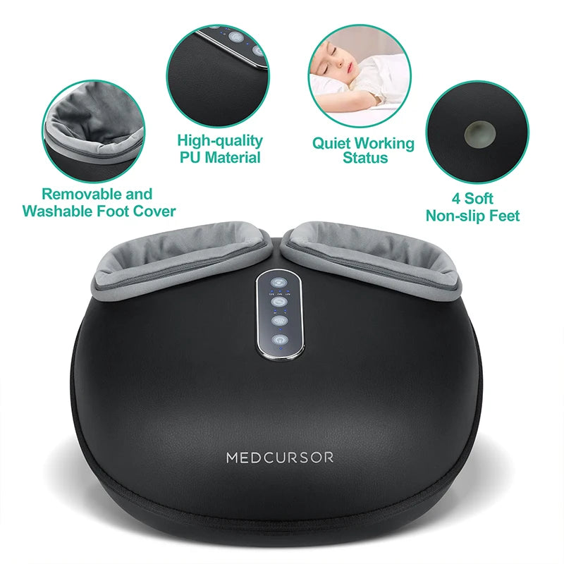 Black Medcursor shiatsu foot massager with a removable cover and soft non-slip feet