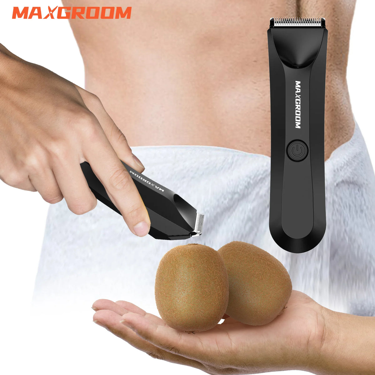 A hand is using a black precision body hair trimmer with ceramic blades on a person's skin, next to two whole eggs.