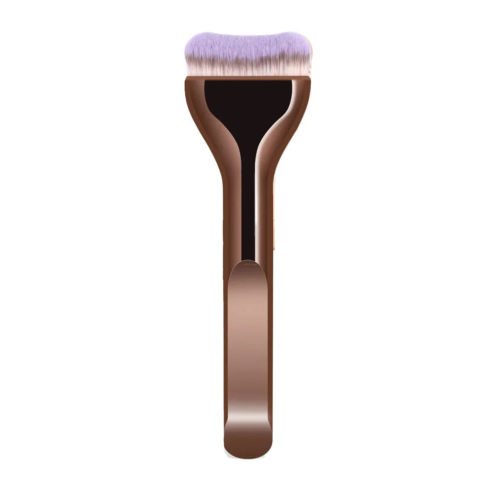 A professional foundation brush with soft purple nylon bristles and a wooden handle.