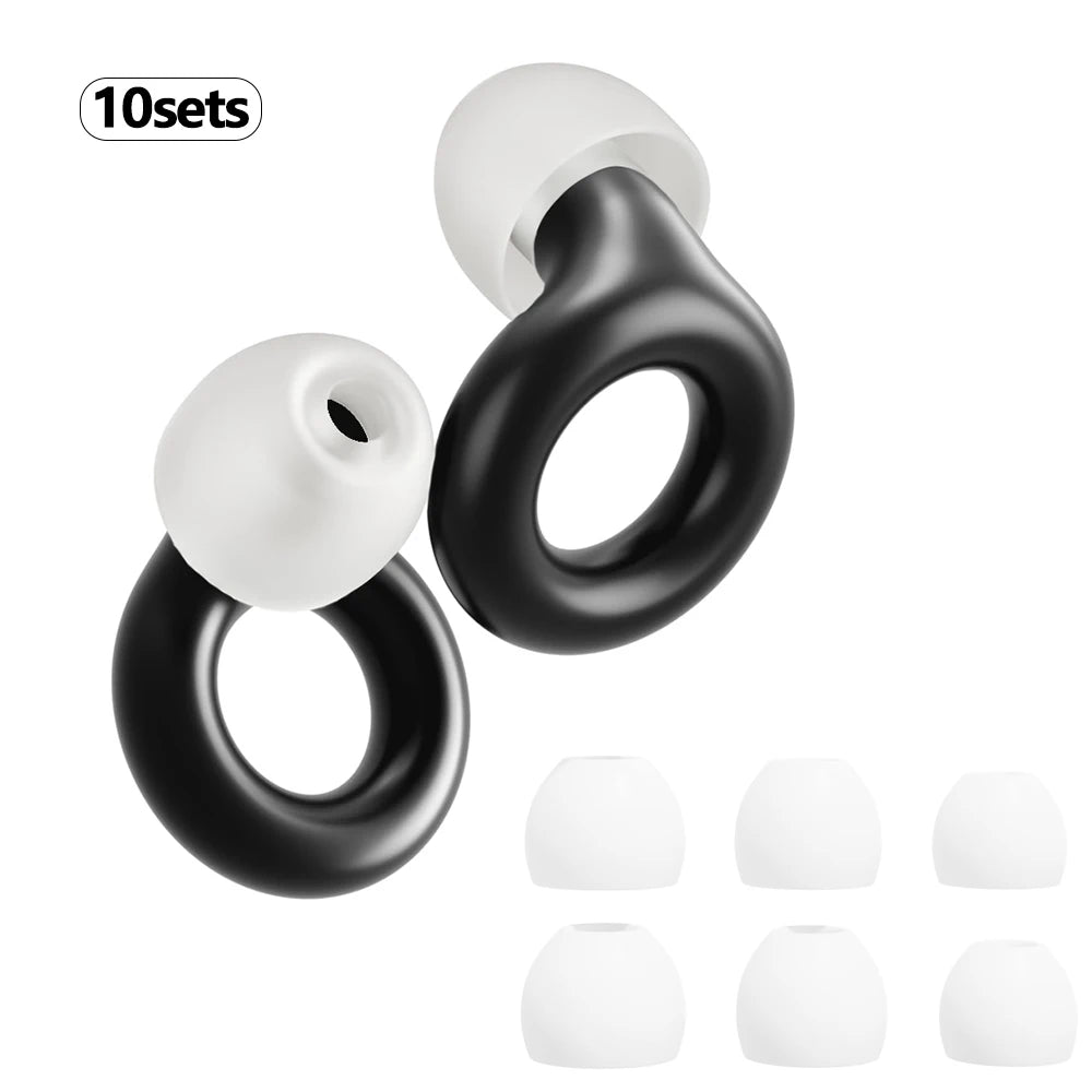 A set of ten black and white silicone earplugs for noise reduction