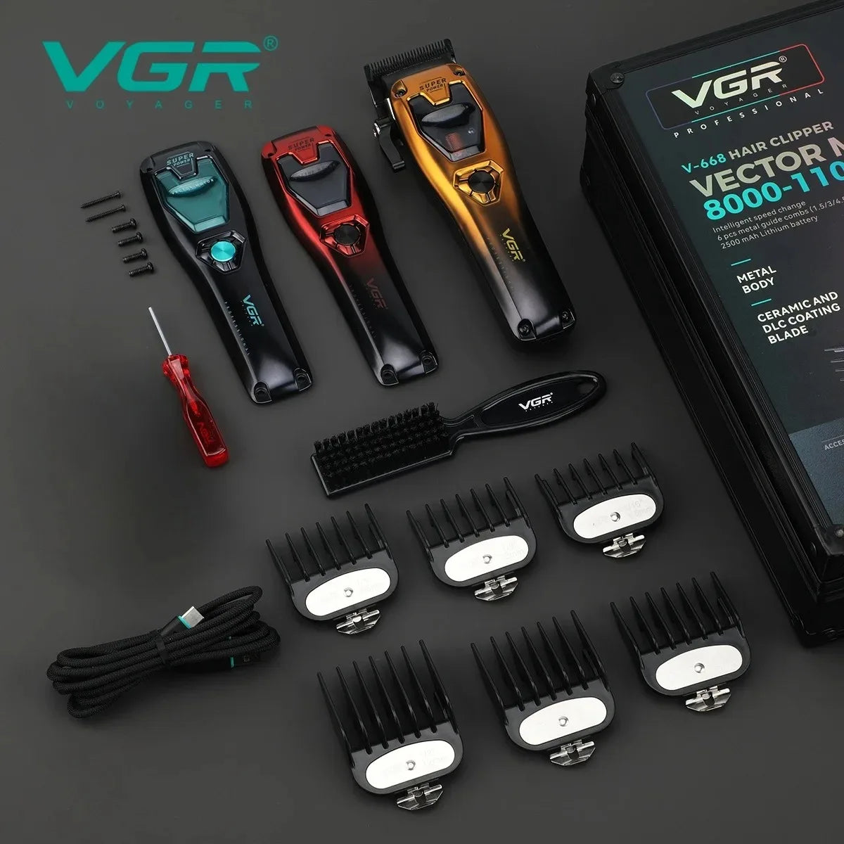 A collection of VGR professional electric hair clipper trimmers including various blades and accessories.
