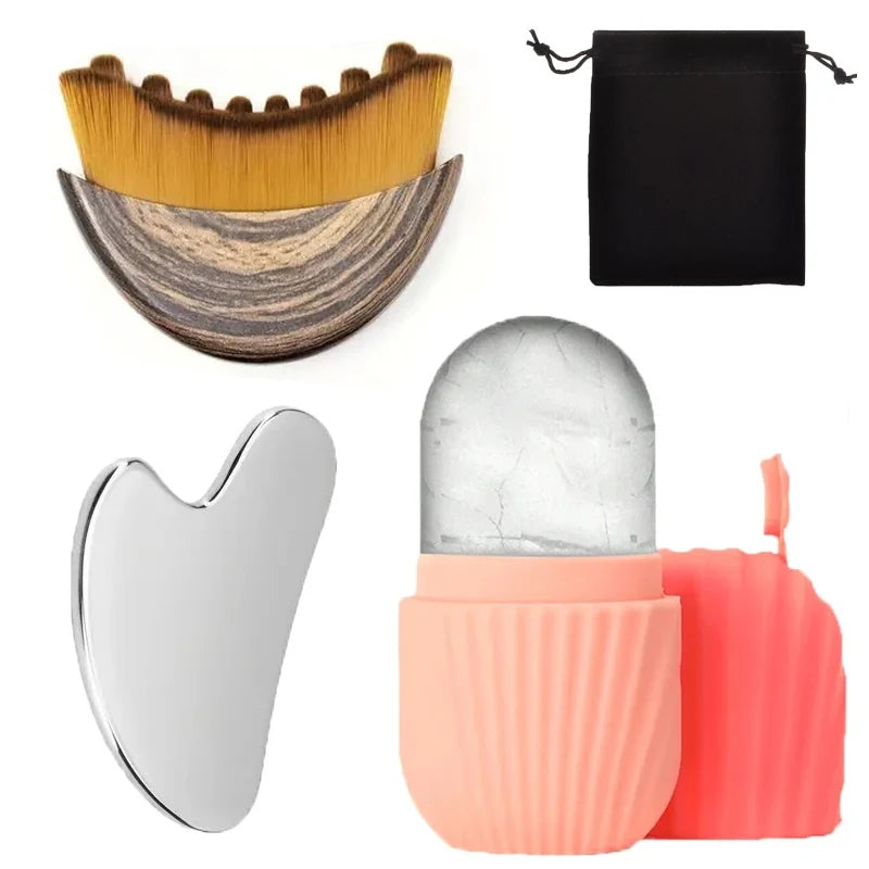 Stainless steel gua sha and ice roller facial massage set with pink and black components