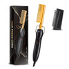 A black hair press comb with a gold-colored brush and heating plates shown next to its packaging.