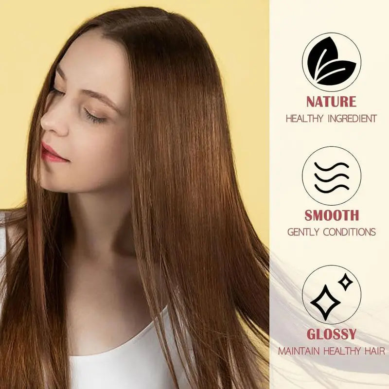 A woman with long brown hair is shown in a close-up, highlighting the benefits of a natural healthy ingredient for smooth and