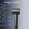A black professional high-speed hair dryer is shown against a dark gray background with text highlighting performance improve
