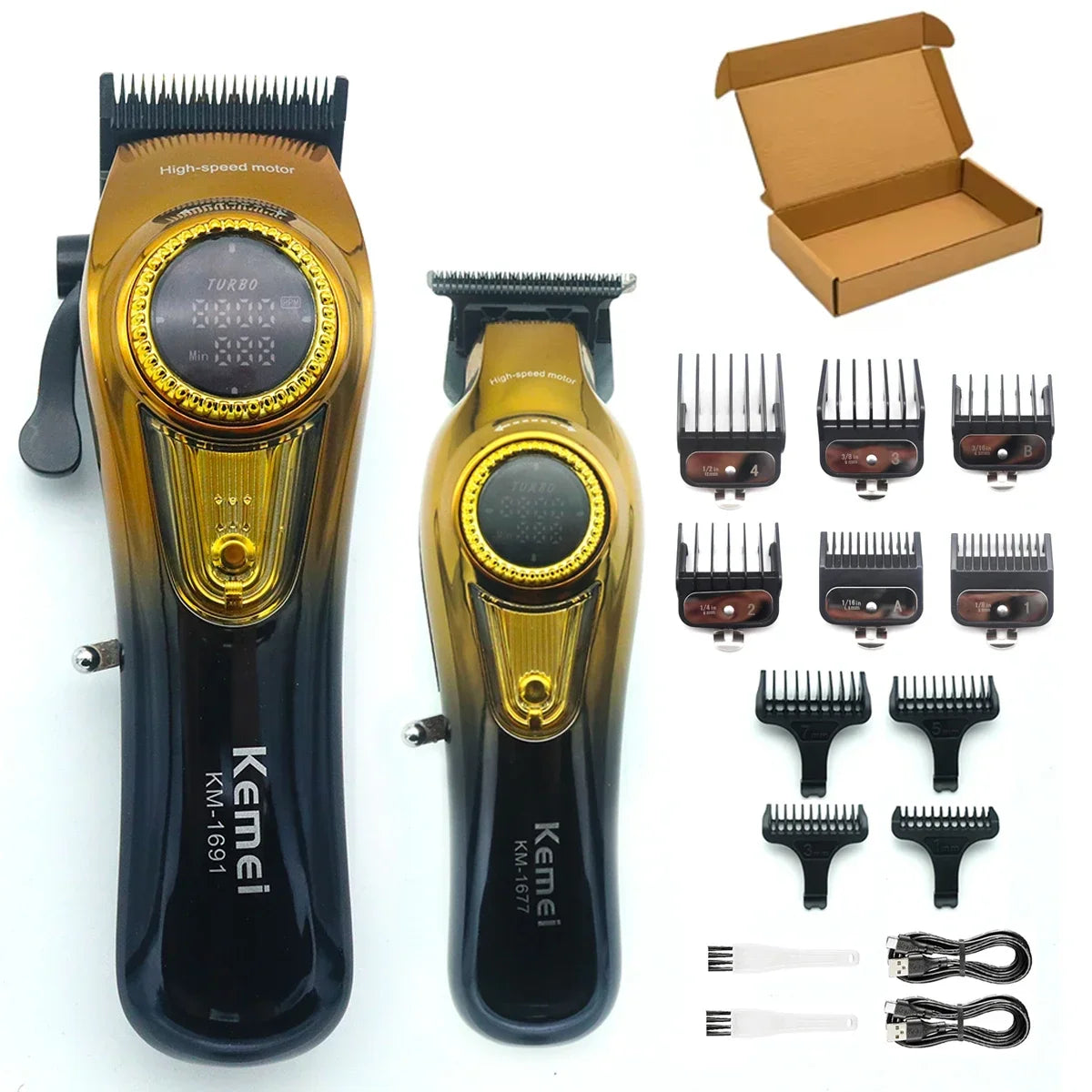 A set of Kemi KM-1691 and KM-1717 professional dual-speed hair clippers with various guards and attachments.