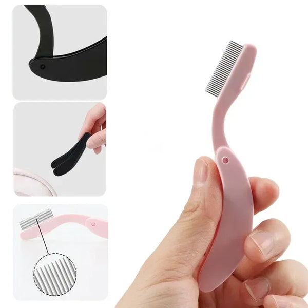 A pink foldable stainless steel comb set for eyelashes and eyebrows shown in various views.