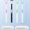 Display of three silicone tongue scrapers in pink, black, and green against a light blue background.