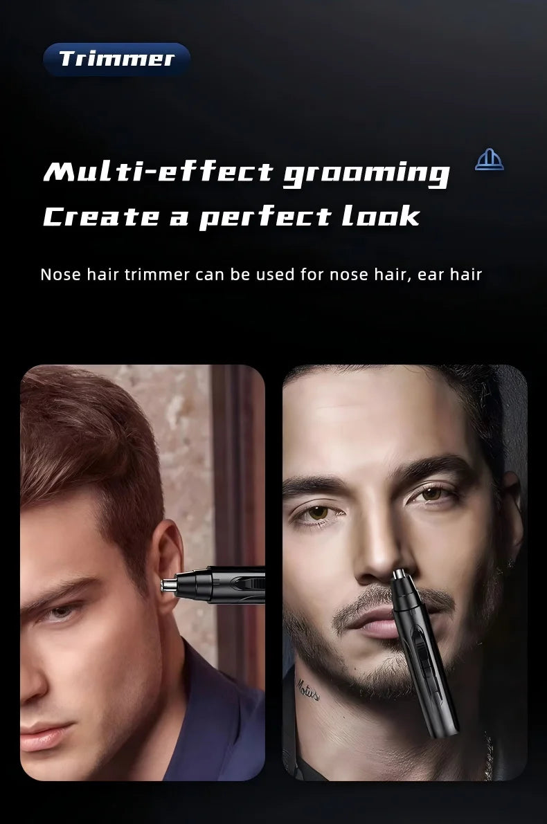 A close-up of a professional electric nose and ear hair trimmer being used on a man's face.