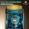 A close-up view of a black electric shaver with magnetic levitation technology, showing the motor and shaving head.
