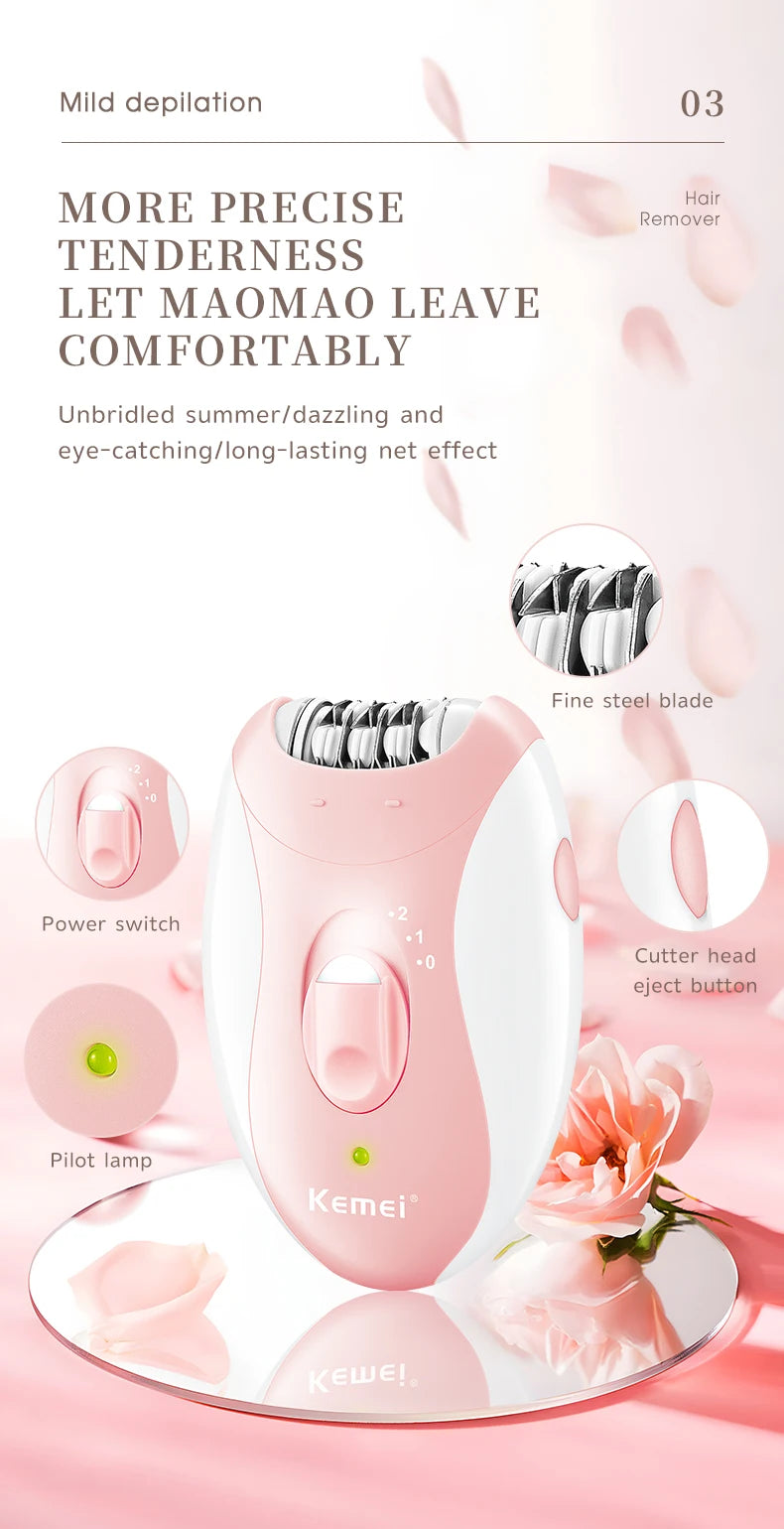 A pink electric depilator device with a cutter head and power switch is shown on a reflective surface.