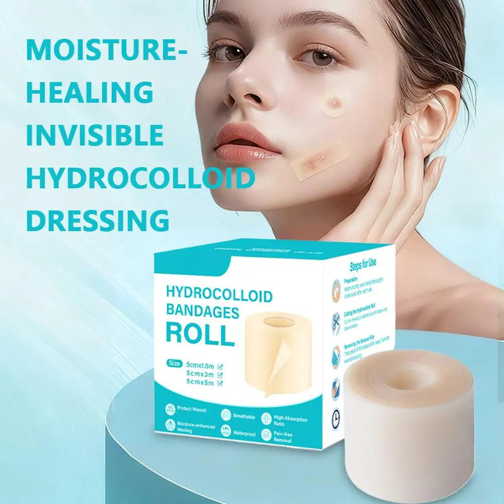 A woman applies a Hydrocolloid Bandage Roll to her skin, demonstrating invisible healing dressing.