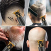 Close-up of a professional rechargeable hair grooming kit used for precision haircutting on a male client's head.