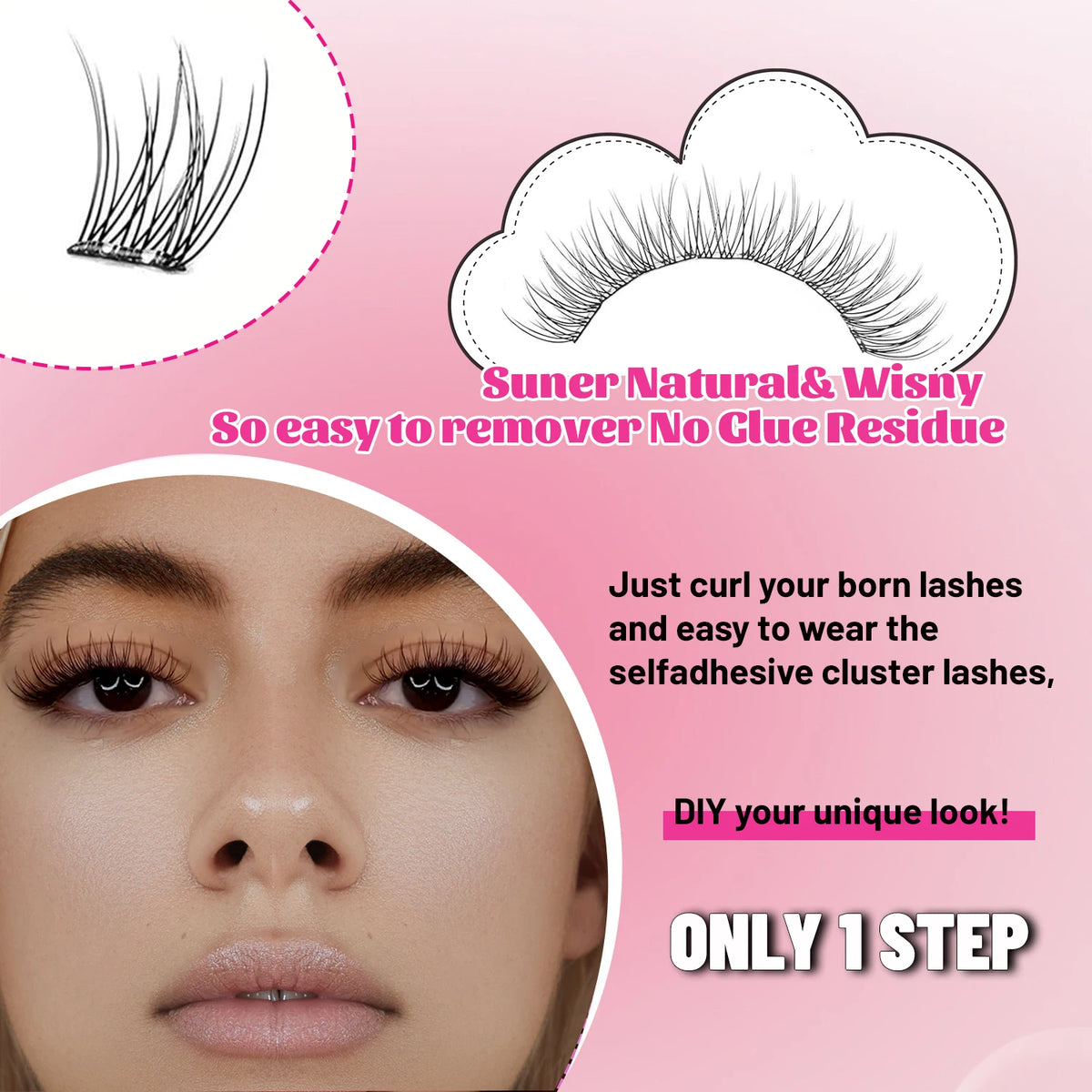 Close-up of a woman applying natural eyelash clusters for a DIY look.