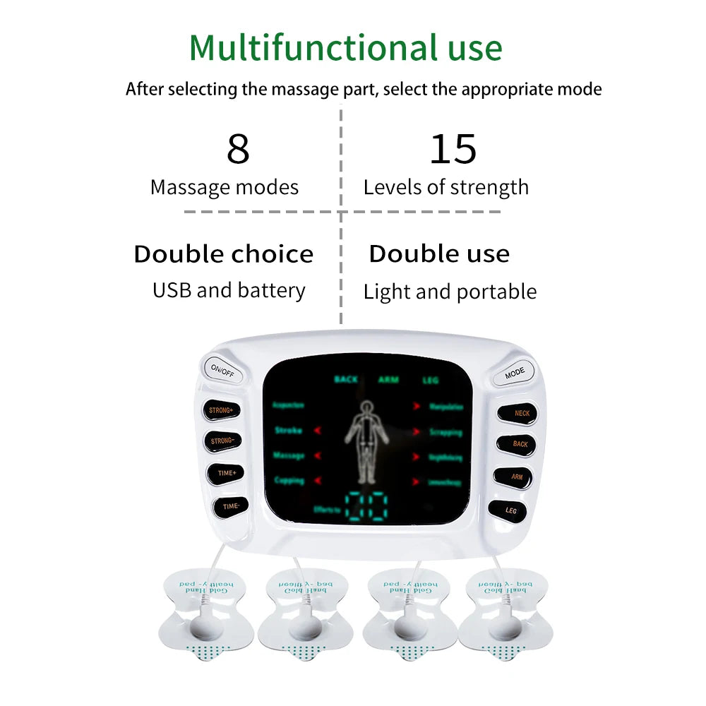 A white multifunctional massage device with buttons and attachments for muscle stimulation.