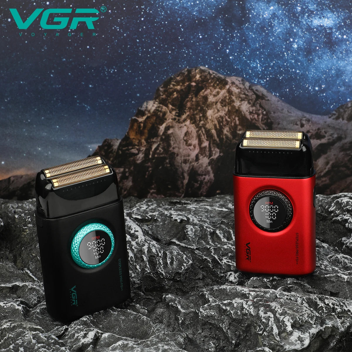 A red electric foil shaver trimmer and a black VGR device are displayed on a rocky surface against a dark, starry background.
