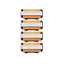 A set of six replacement razor heads with wooden and orange blades stacked vertically.